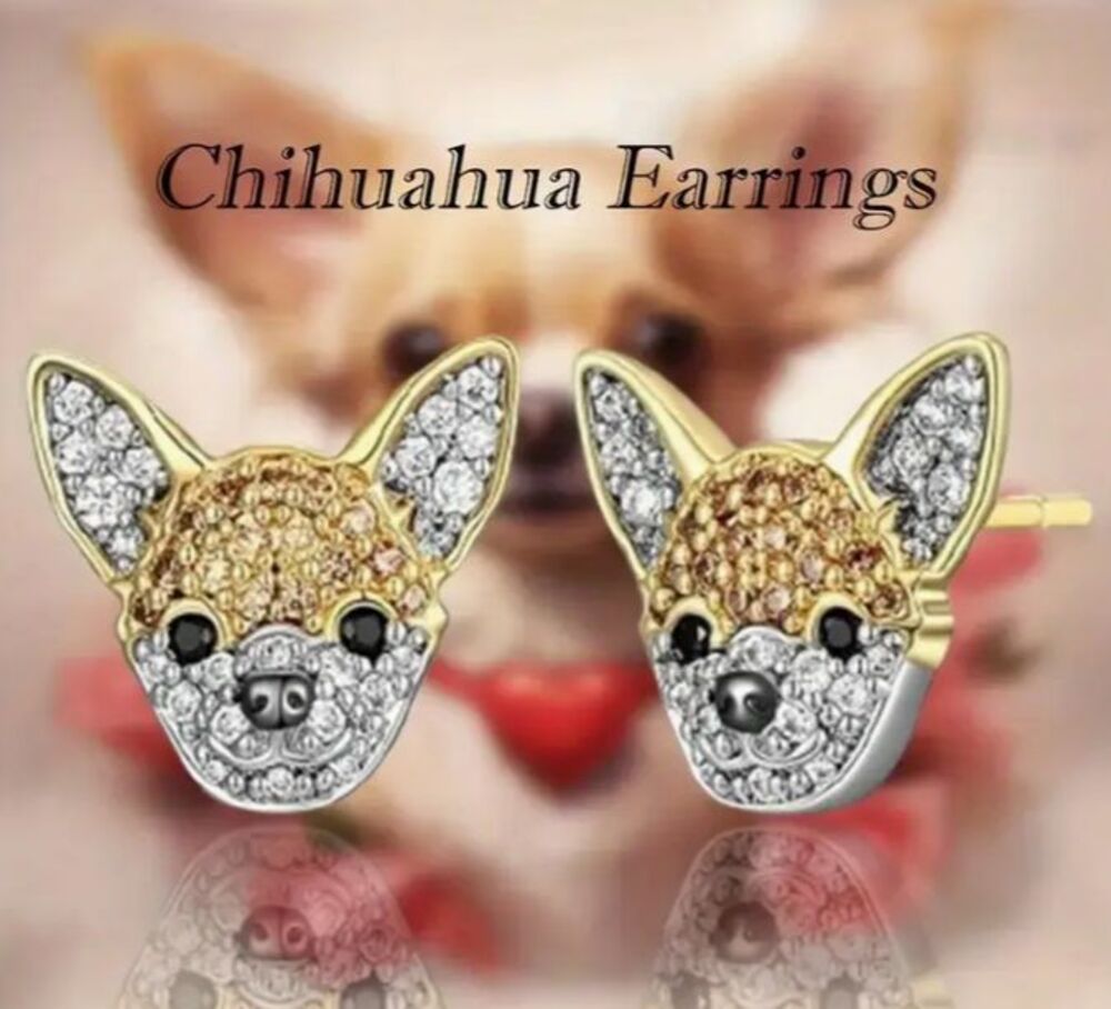 Gold & Clear Rhinestone Chihuahua Dog Face Earrings
